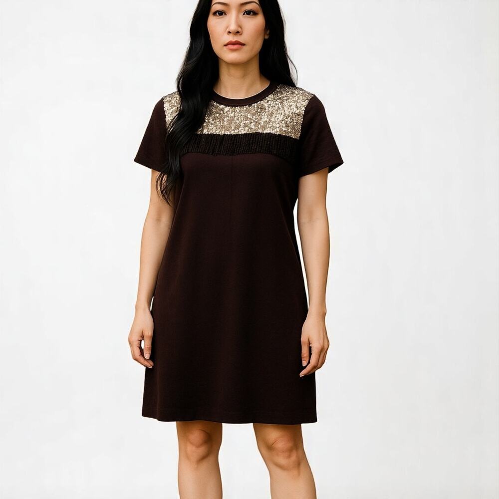 Y2K Vintage GABBY SKYE Brown Sequin Short Sleeve Shift Dress
